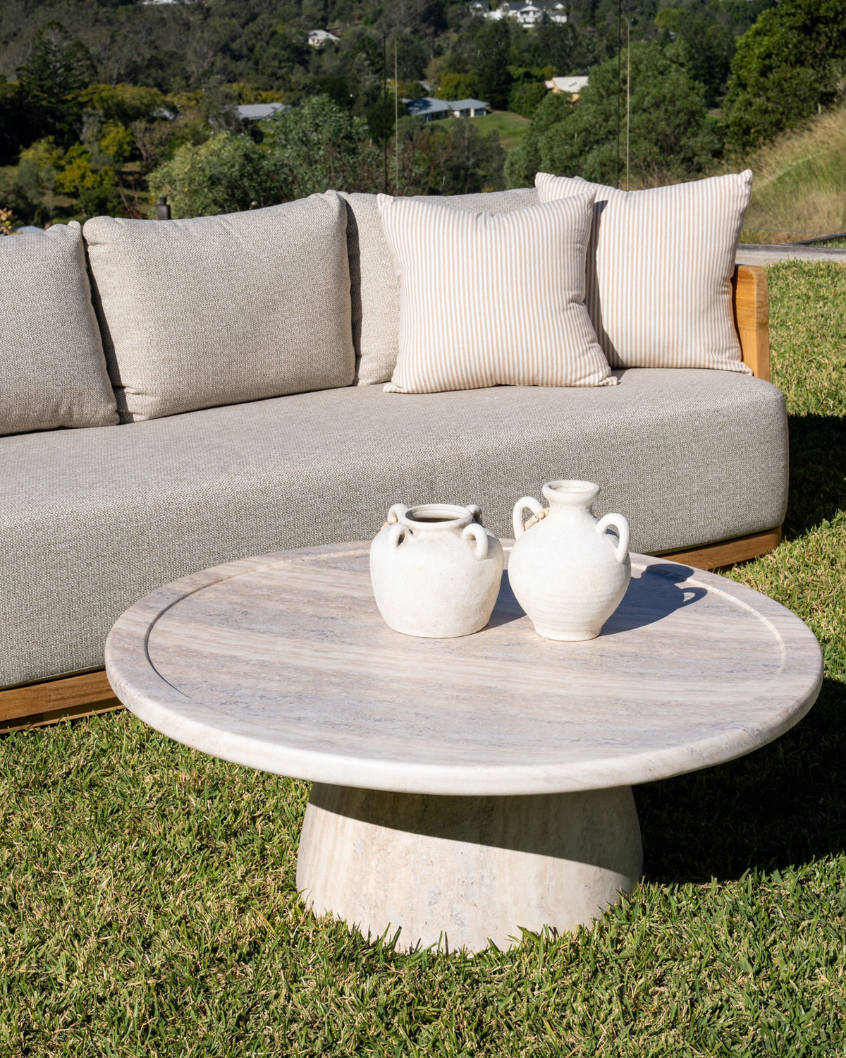 Bloc Round Outdoor Coffee Travertine Table 1m
