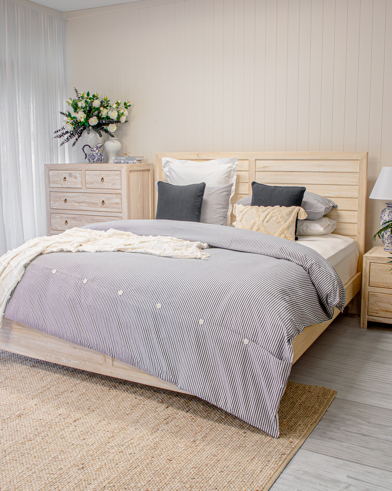 Airlie Queen Quilt Set Cotton Blue Stripe