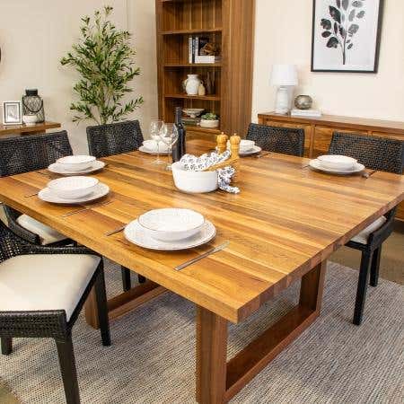Hotham Square Dining Table in solid spotted gum with rich wood grain.
