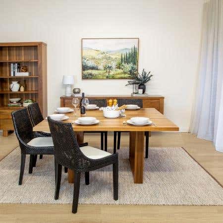 Hotham Square Dining Table with chairs in solid spotted gum with rich wood grain.