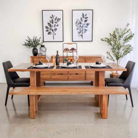 Hotham Square Dining Table with chairs in solid spotted gum with rich wood grain.